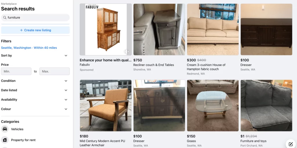 Facebook marketplace for selling old furniture locally