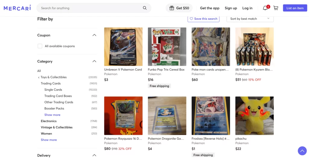 mercari for pokemon card selling
