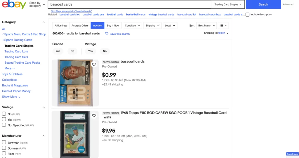 baseball card selling on eBay