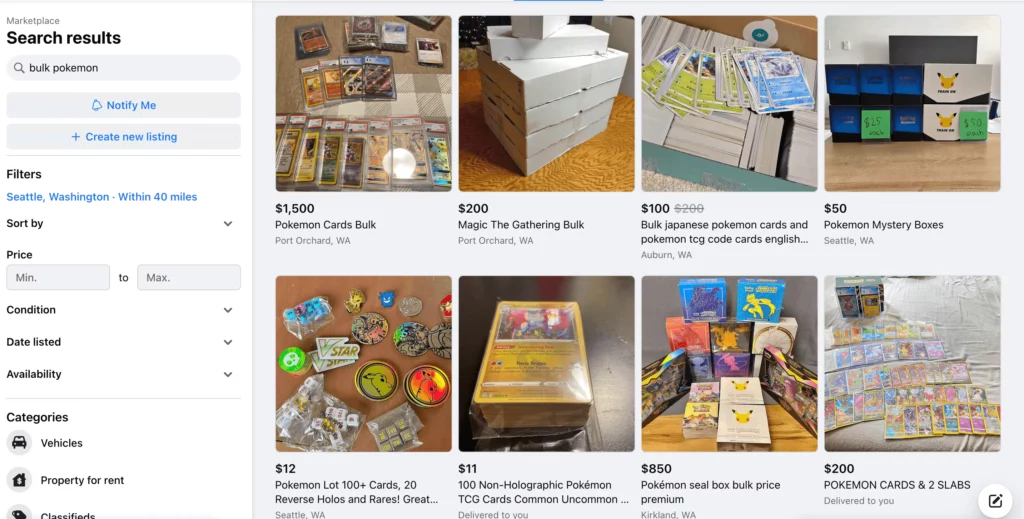 Facebook marketplace to sell Pokémon bulk