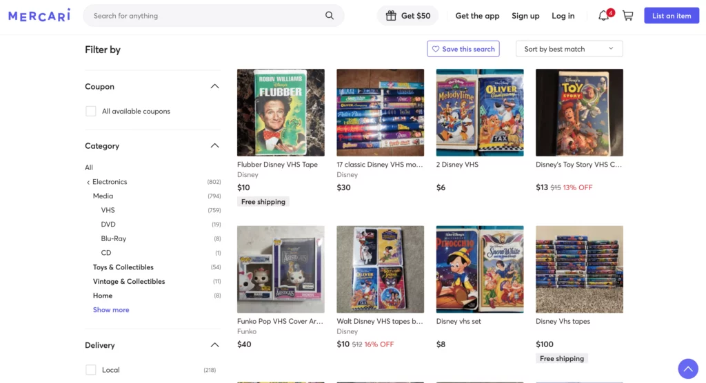 mercary for selling Disney VHS tapes