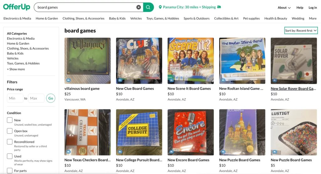 Use offerup for selling boards games online