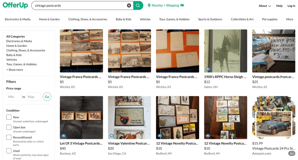 OfferUp for selling vintage postcards