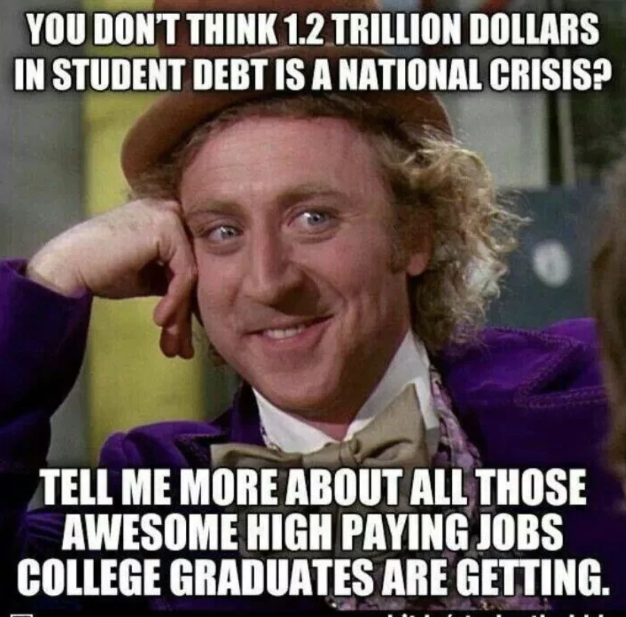 You don't think 1.2 trillion dollars in student debt is a national crisis.. tell me more about all those awesome high paying jobs college graduates are getting