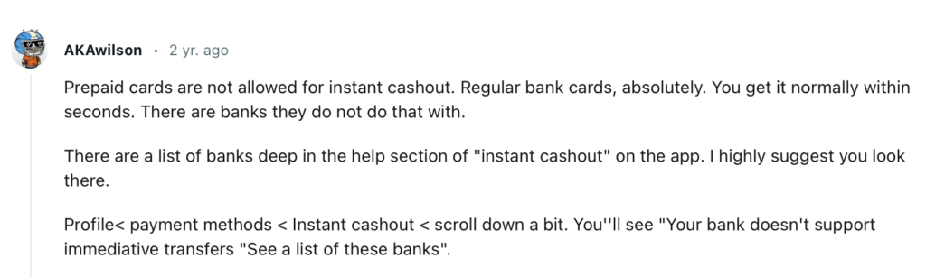 prepaid cards not supported for instant cashout